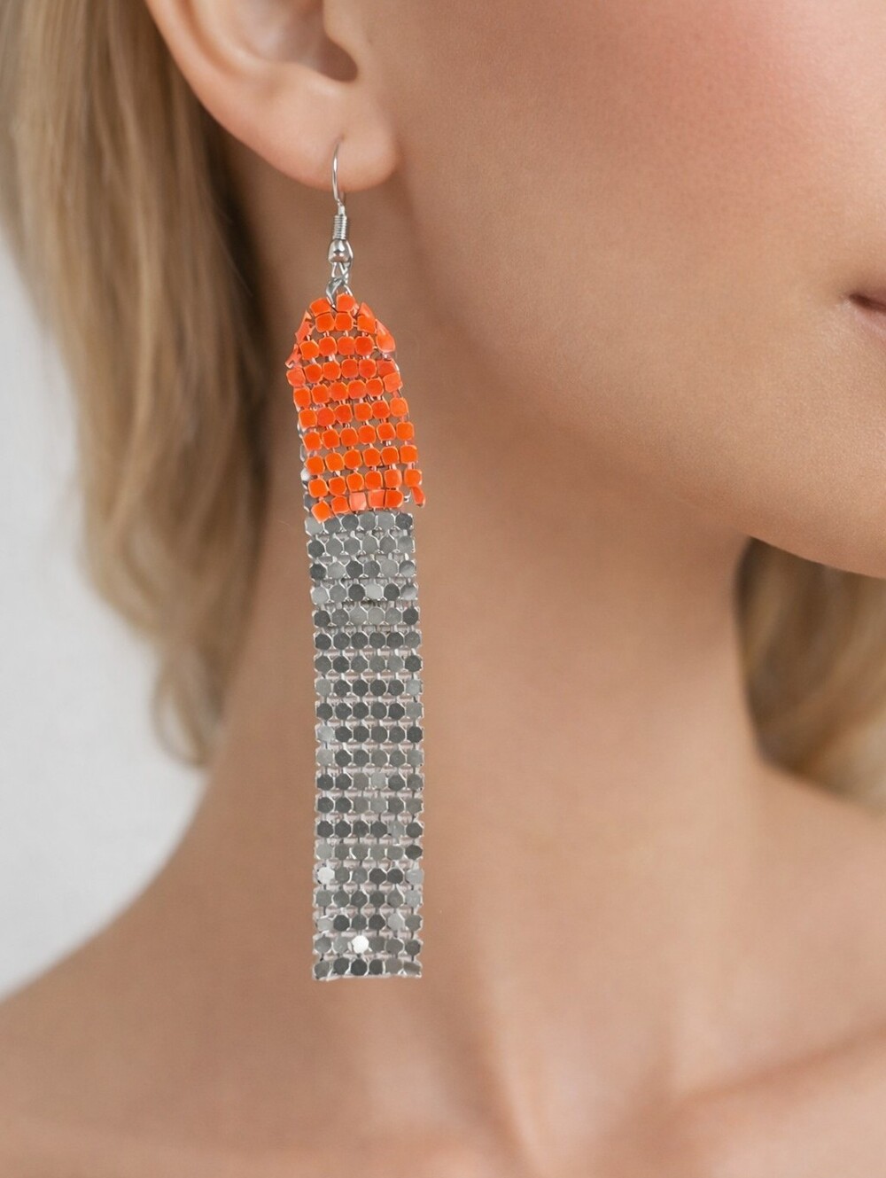 Bright Coral and Silver Chain Fringe Earrings – Bold Women’s Fashion Jewelry